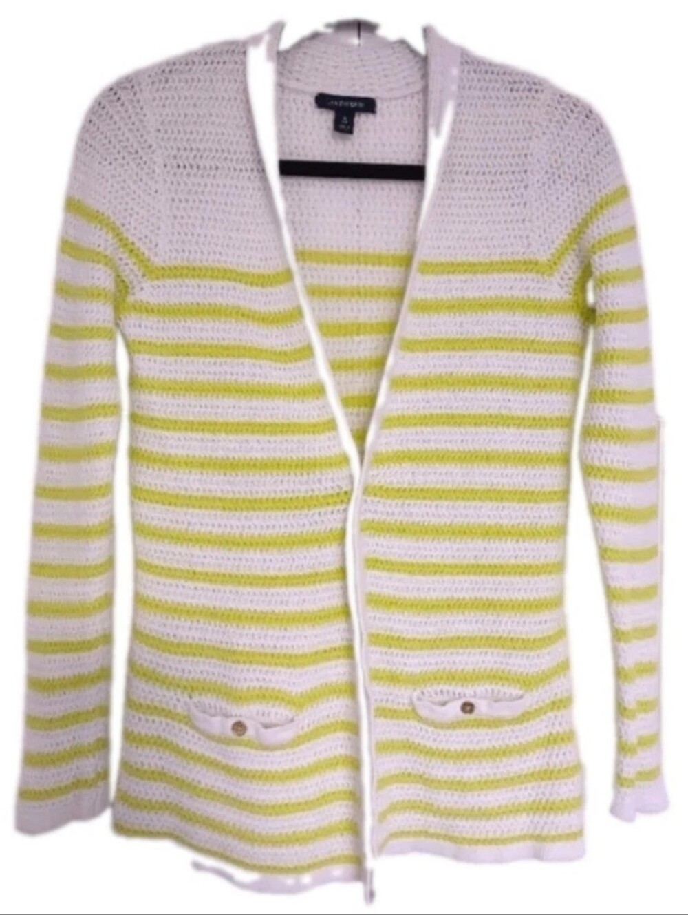 Lands' End Size S (6/8) Cardigan White with Yellow Stripes 2 Pocket Light Weight